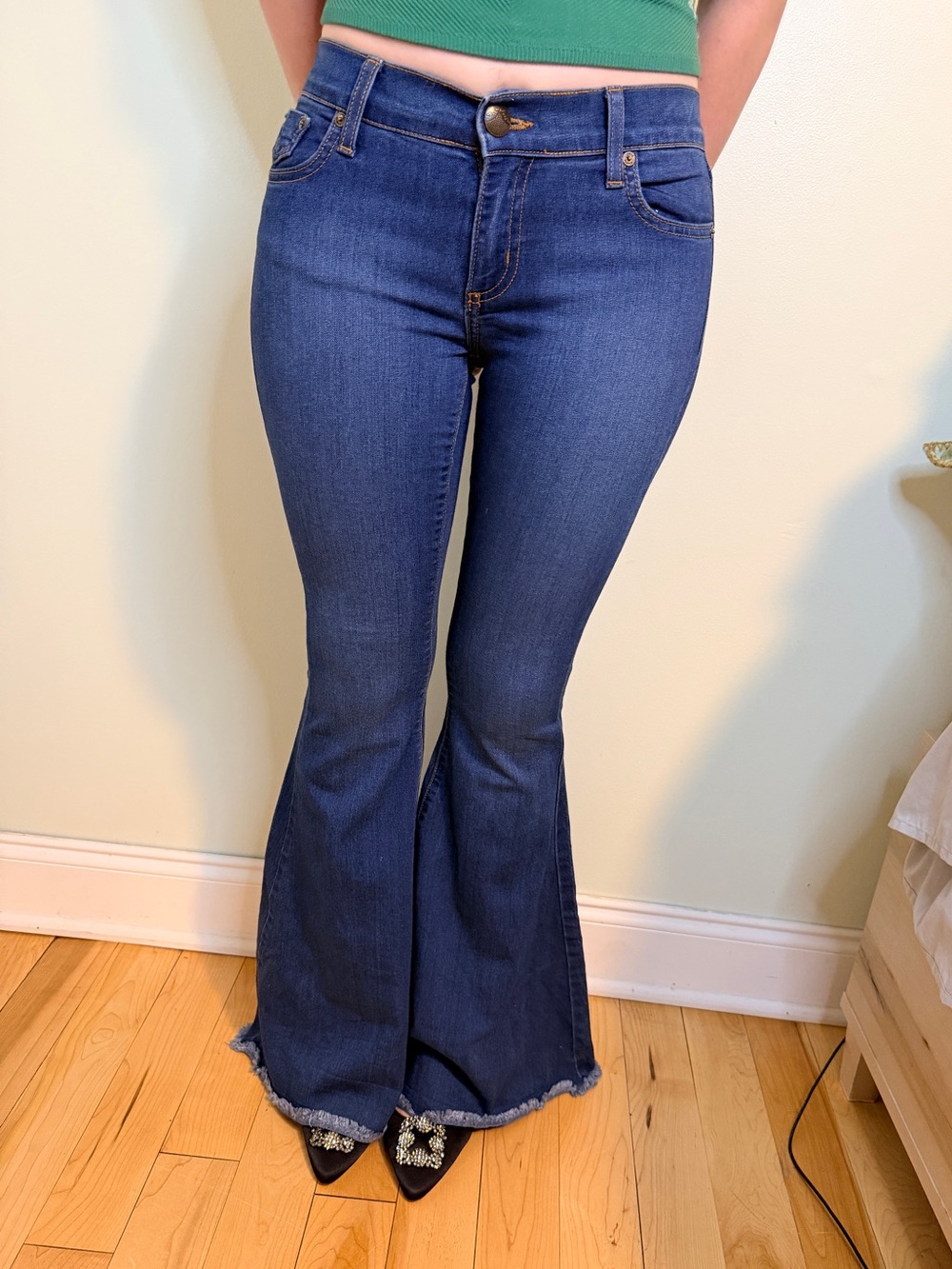 Free People Denim Super Flare Bell Bottom Jeans 27 Made USA Raw Hem